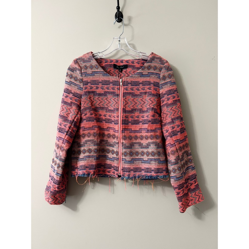 Honey Punch Womens Southwestern Geometric Zip Jacket Coral Blue Frayed Hem M